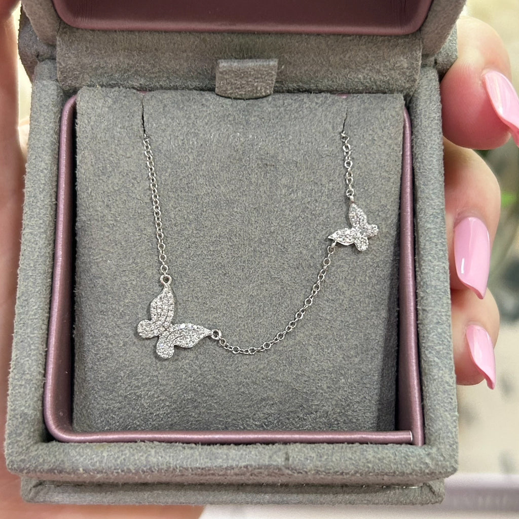 Two Butterfly Diamond Pendant Necklace