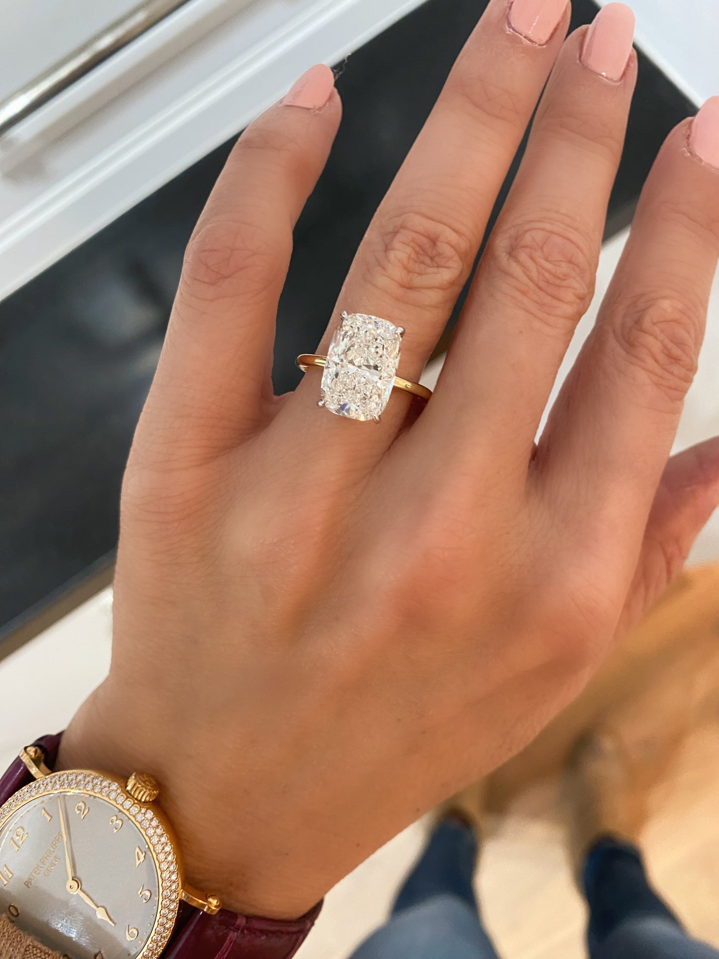Bespoke Elongated Cushion Cut Solitaire Diamond Engagement Ring, Two Tone