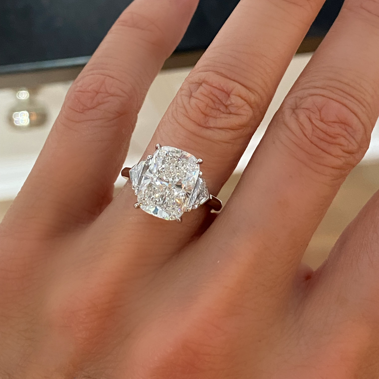 Cushion with Epaulette Three Stone Ring