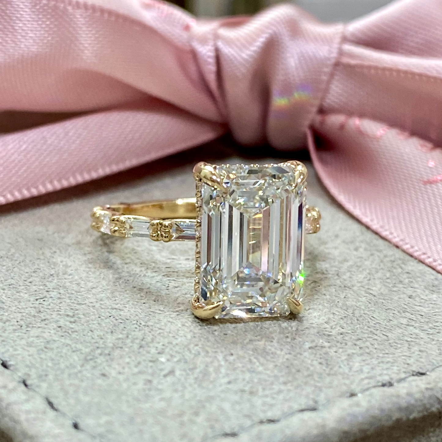 Emerald Cut Baguette Gold Solitaire Diamond Engagement Ring