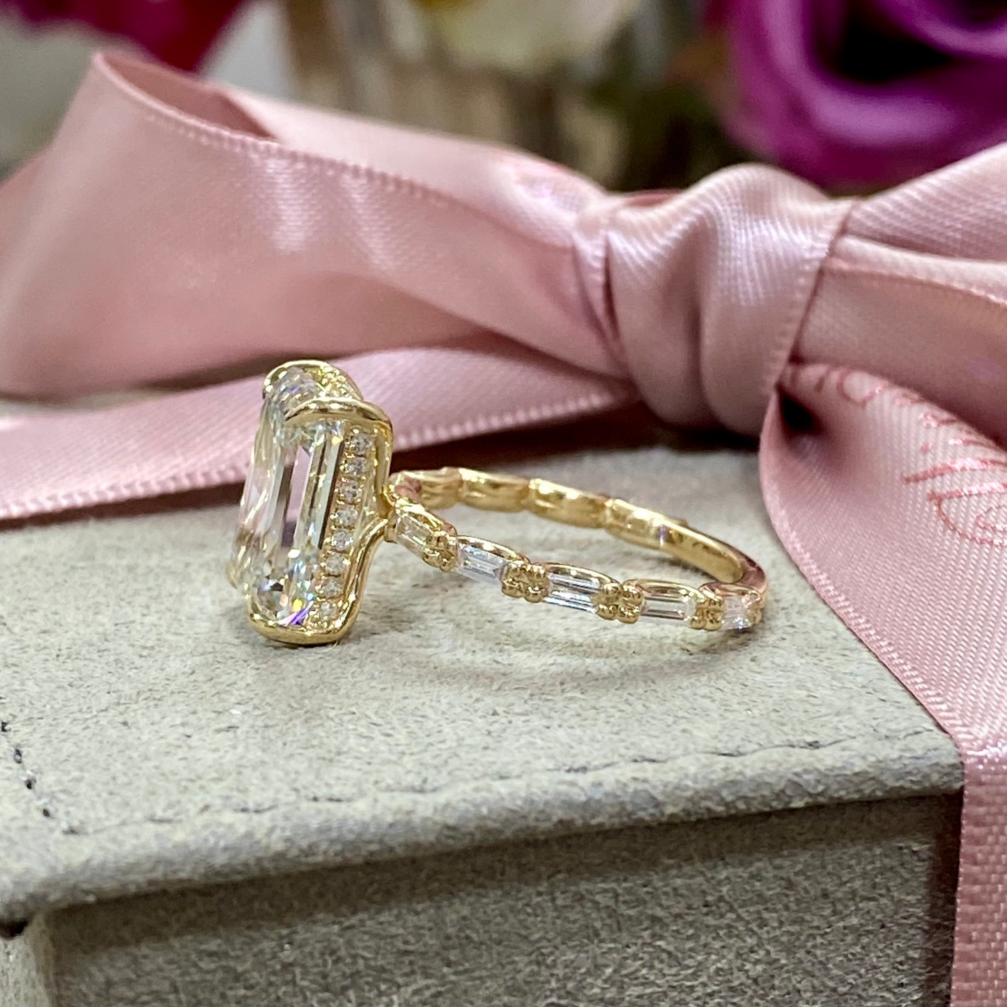 Emerald Cut Baguette Gold Solitaire Diamond Engagement Ring