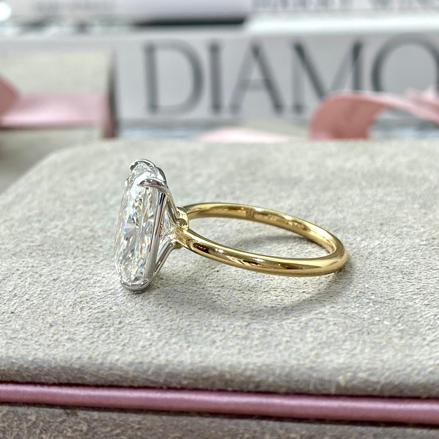 Bespoke Elongated Cushion Cut Solitaire Diamond Engagement Ring, Two Tone