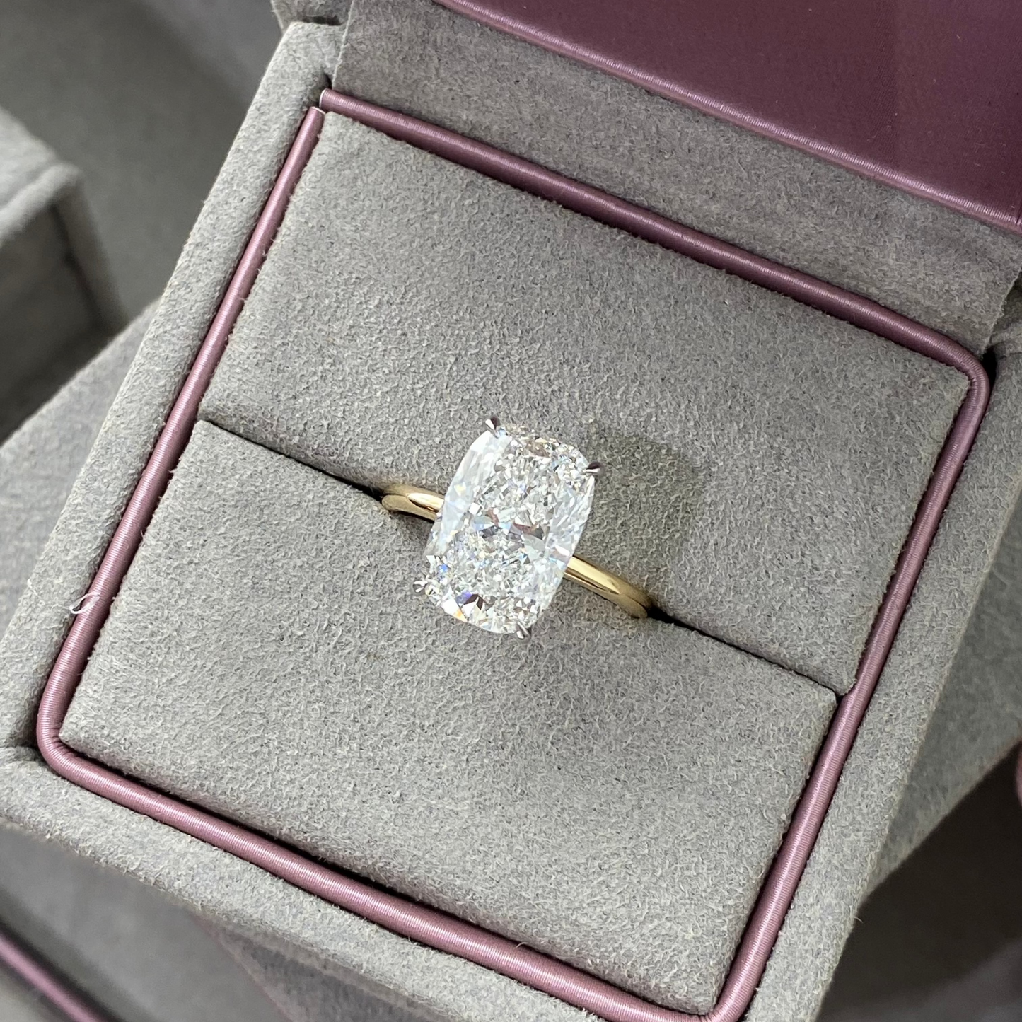 Bespoke Elongated Cushion Cut Solitaire Diamond Engagement Ring, Two Tone