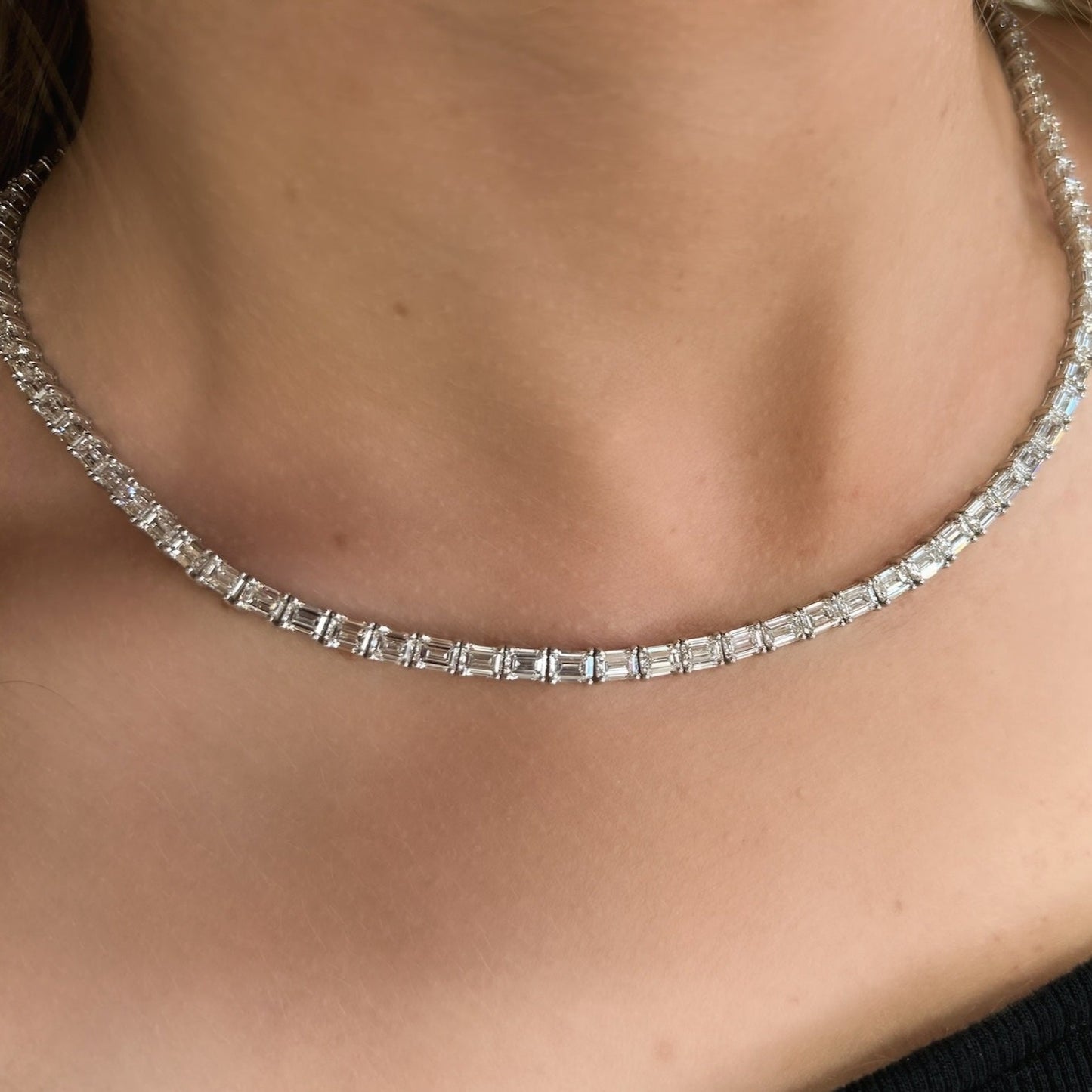 East West Emerald Cut Diamond Tennis Necklace