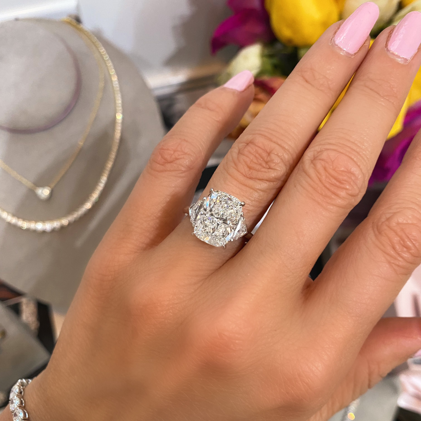 Cushion with Epaulette Three Stone Ring