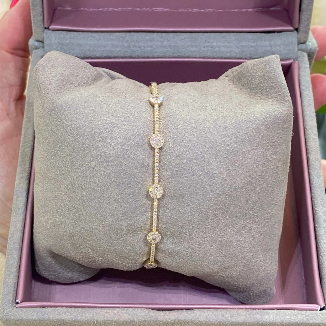 In Line Sparkling Halo Diamond Bangle Bracelet