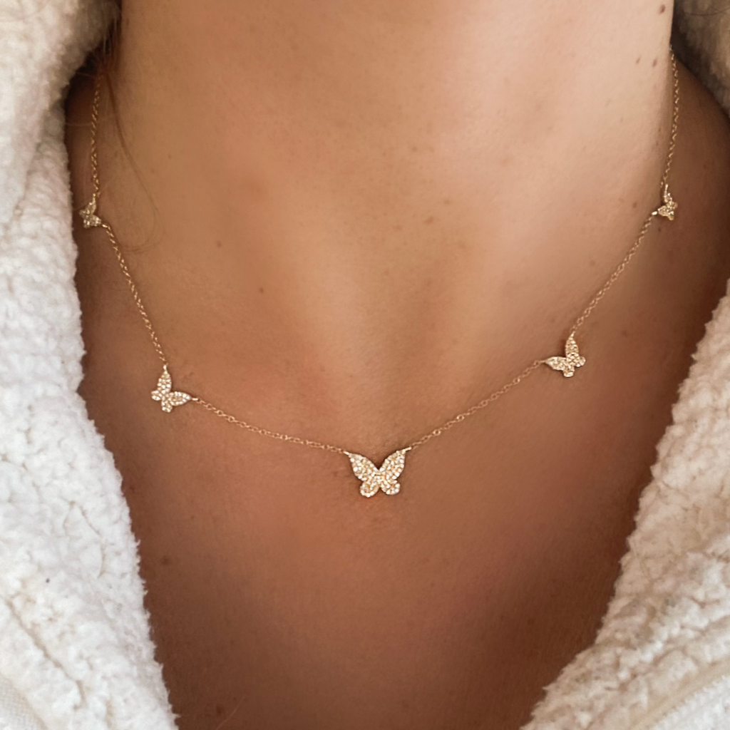 Gold butterfly diamond necklace deals