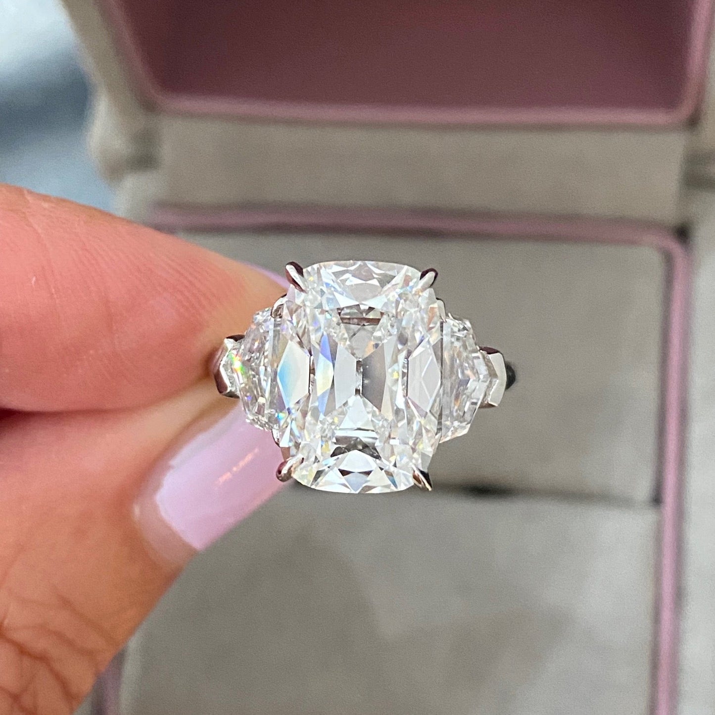 Old Miner Antique Cushion Cut Diamond with Epaulettes 3 Stone Ring