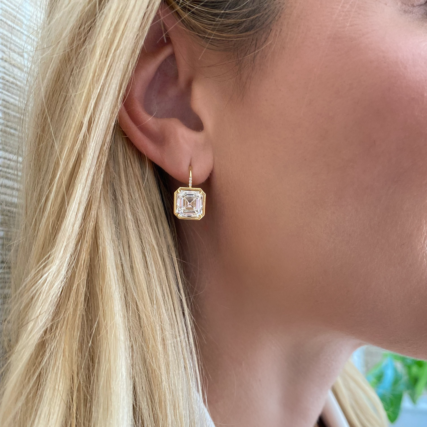 Asscher Cut Bezel Diamond Drop Earrings