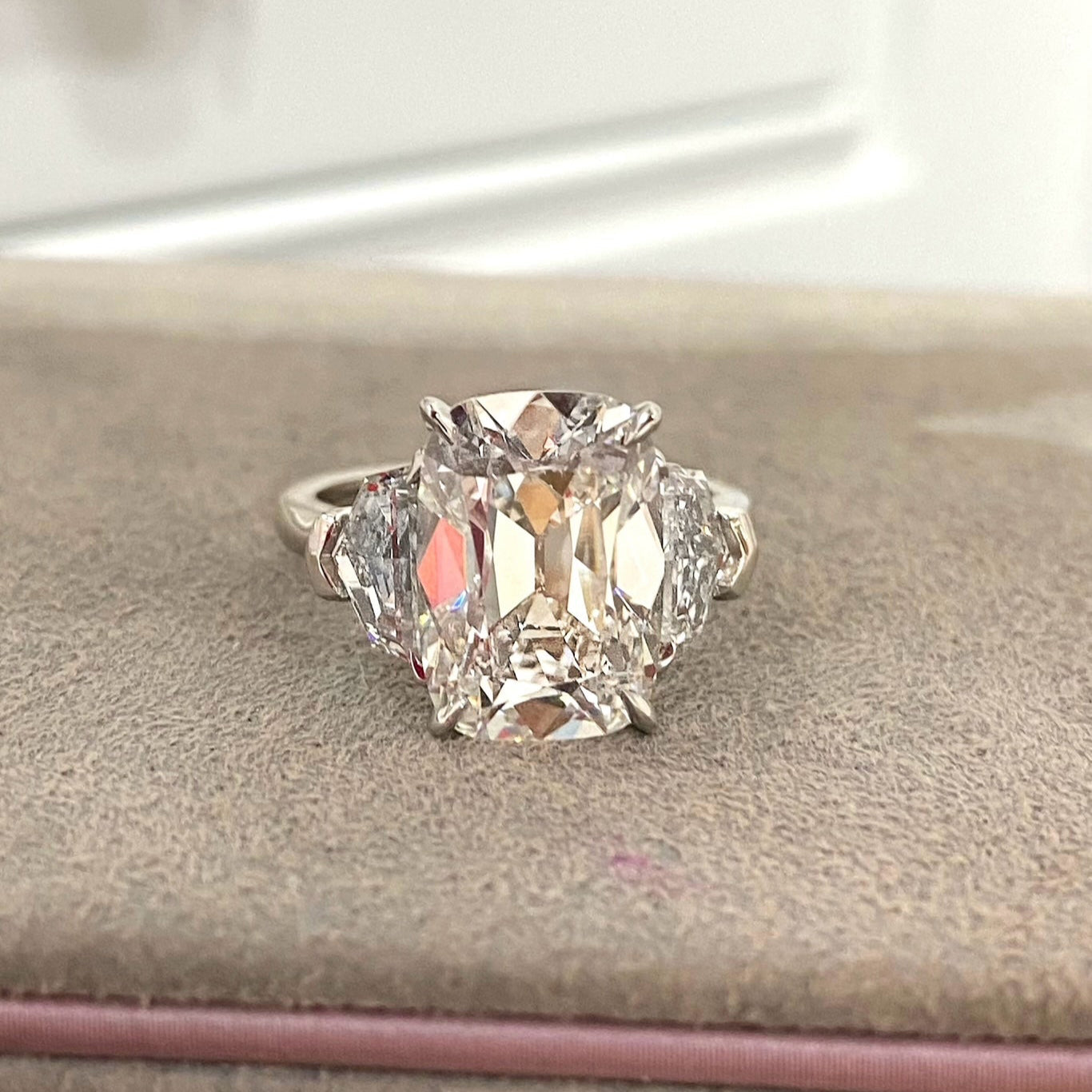 Old Miner Antique Cushion Cut Diamond with Epaulettes 3 Stone Ring