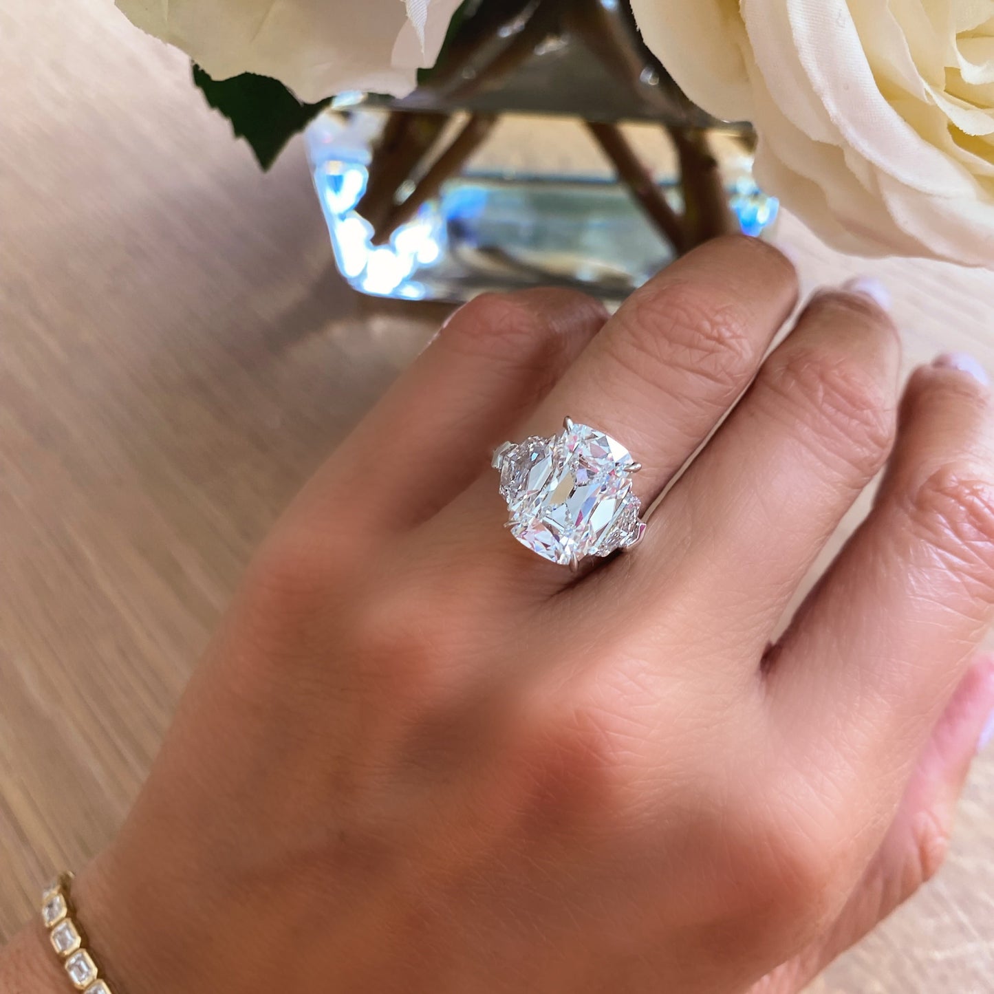 Old Miner Antique Cushion Cut Diamond with Epaulettes 3 Stone Ring