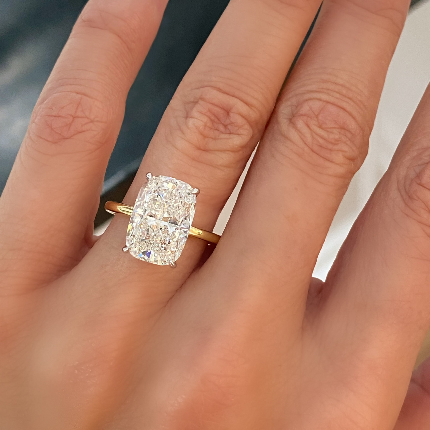 Bespoke Elongated Cushion Cut Solitaire Diamond Engagement Ring, Two Tone