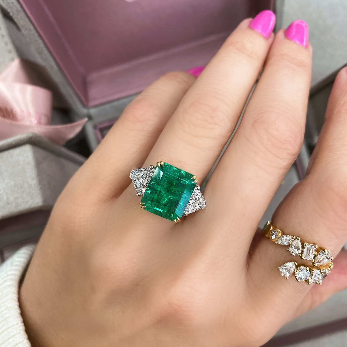 7.7 Carat Emerald Ring with Diamond Trillions
