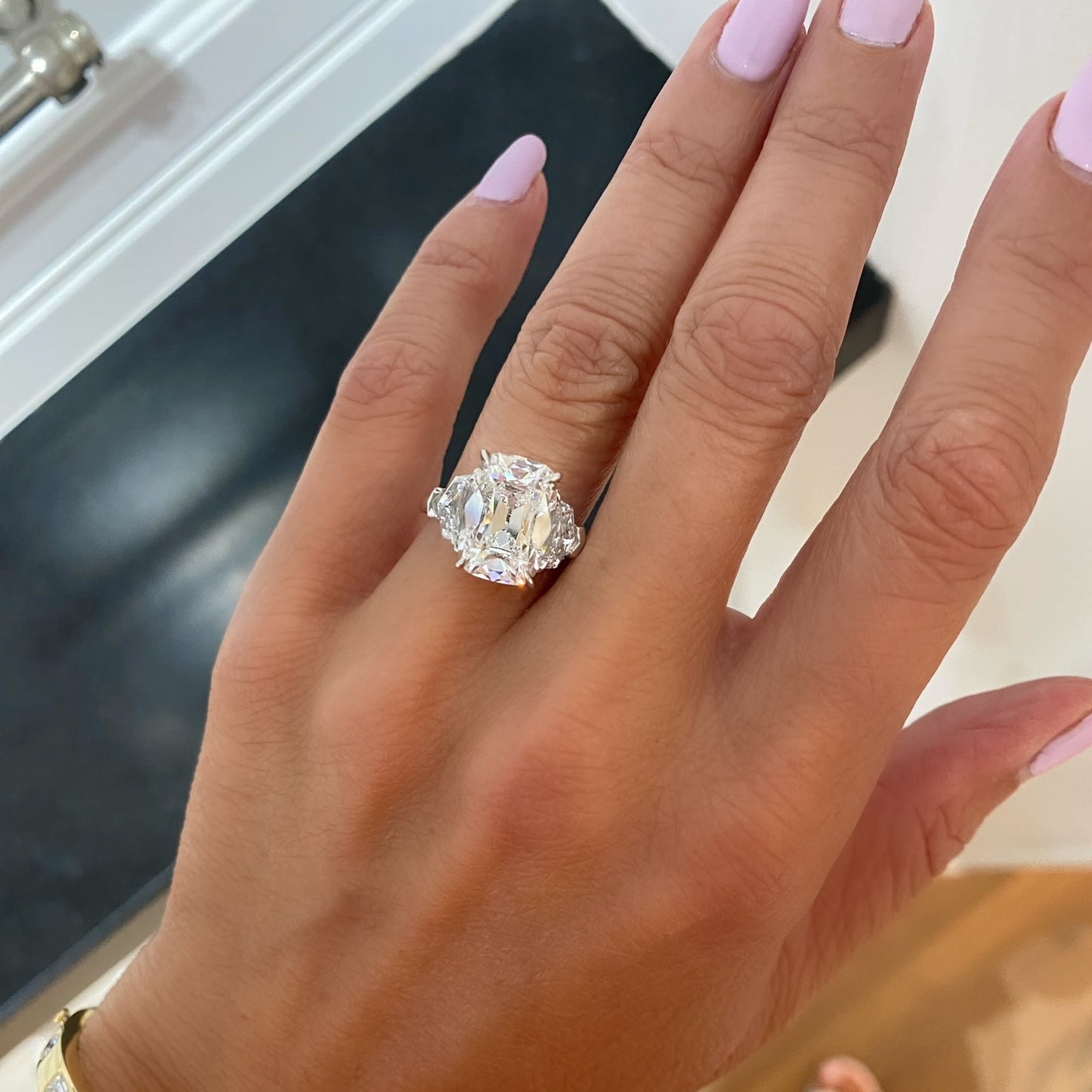 Old Miner Antique Cushion Cut Diamond with Epaulettes 3 Stone Ring