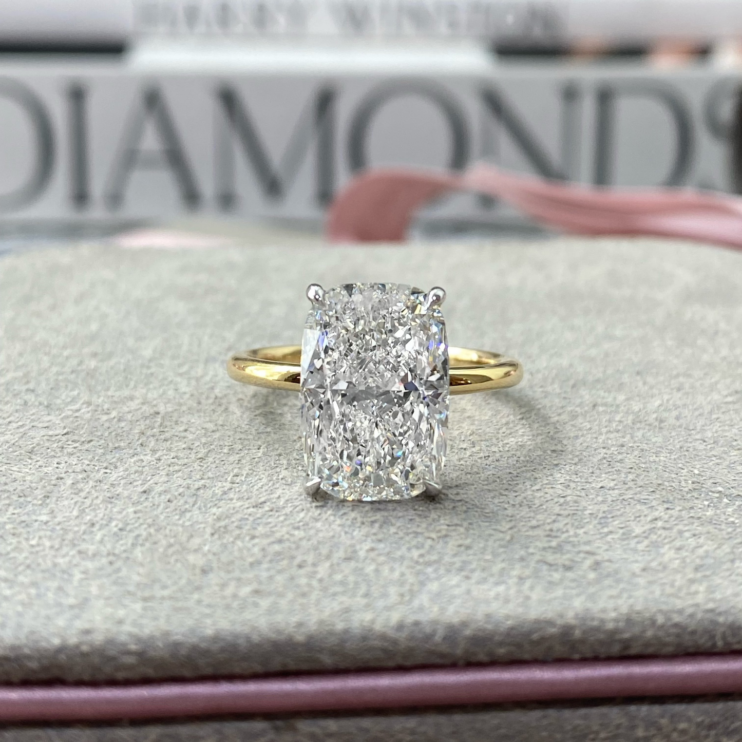 Bespoke Elongated Cushion Cut Solitaire Diamond Engagement Ring, Two Tone