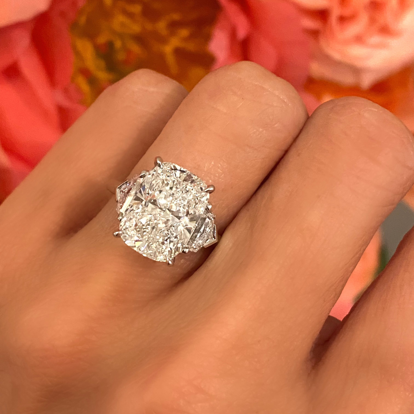 Cushion with Epaulette Three Stone Ring