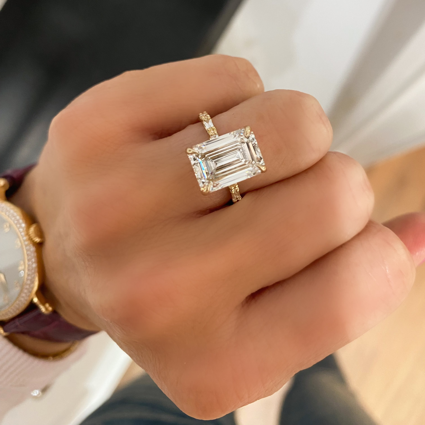 Emerald Cut Baguette Gold Solitaire Diamond Engagement Ring