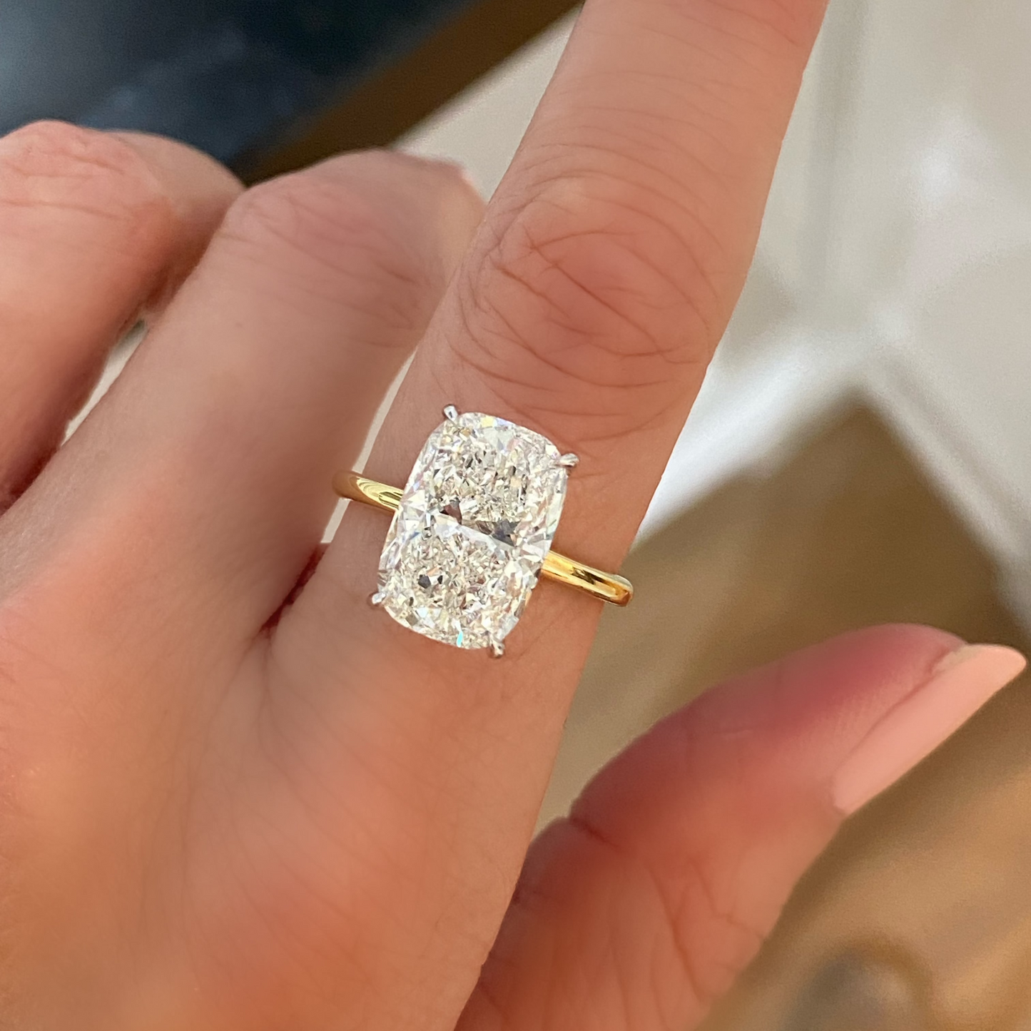 Bespoke Elongated Cushion Cut Solitaire Diamond Engagement Ring, Two Tone