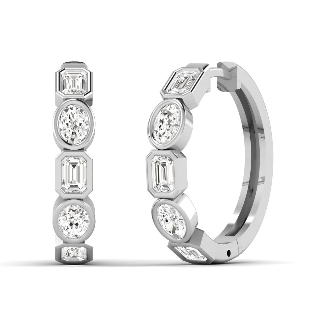 Oval and Emerald Bezel Diamond Hoop Earrings