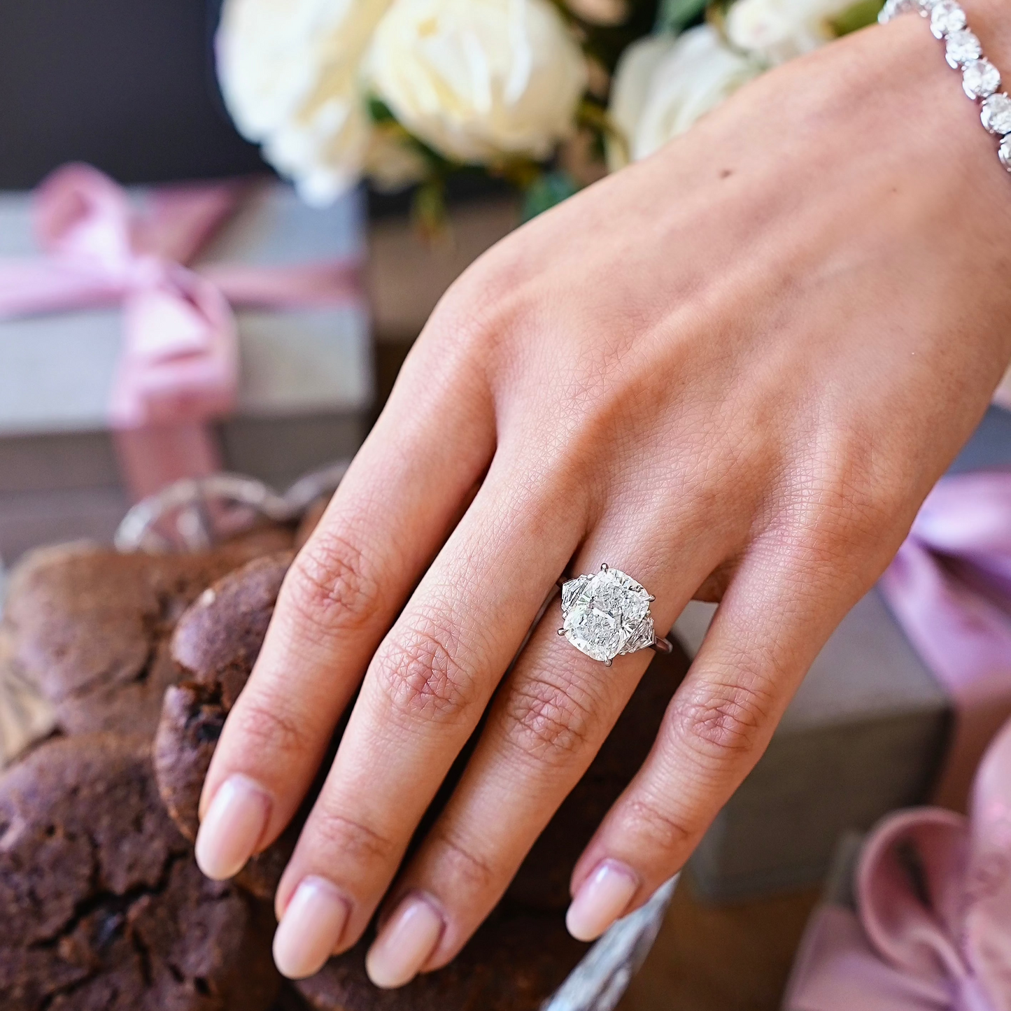 Cushion with Epaulette Three Stone Ring