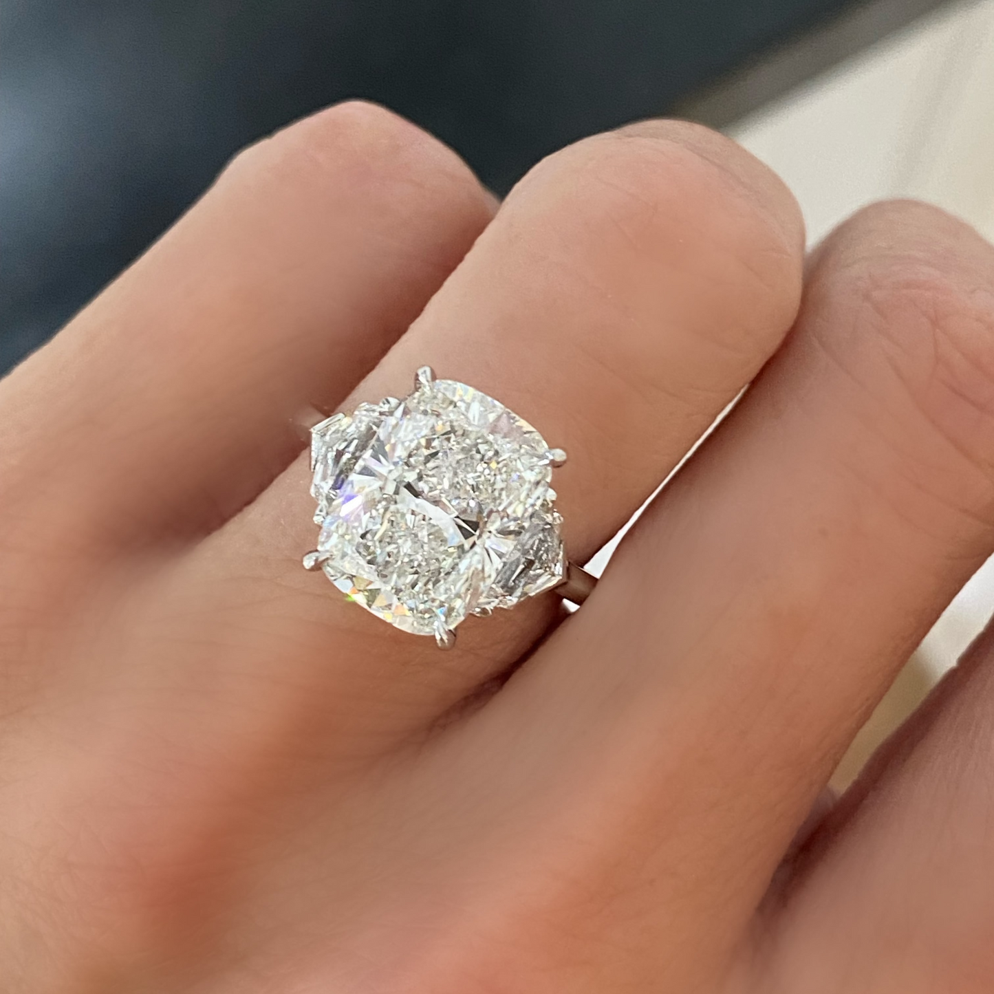 Cushion with Epaulette Three Stone Ring