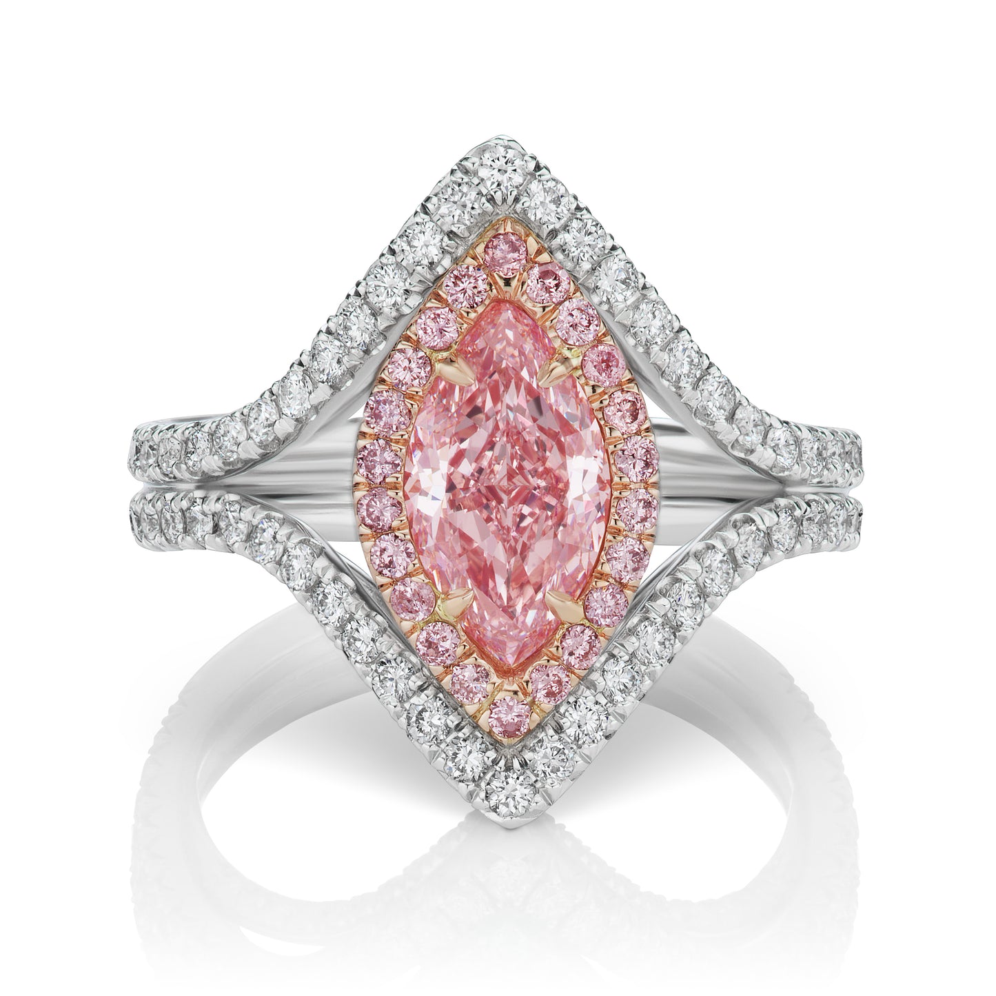 Miss Diamond Ring fancy pink orange marquise ring with pave detail