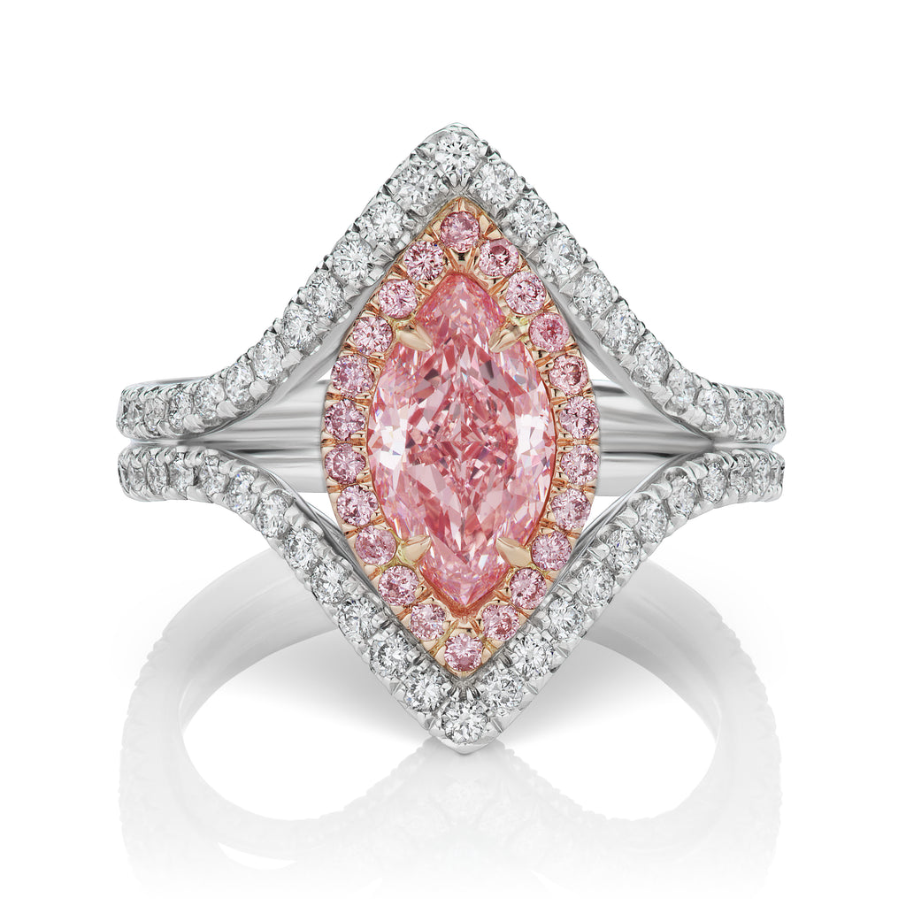 Miss Diamond Ring fancy pink orange marquise ring with pave detail