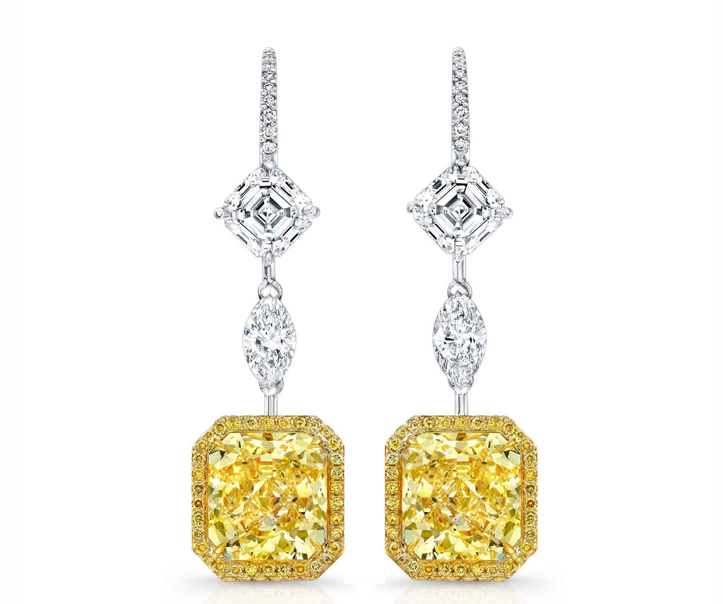 Miss Diamond Ring radiant fancy yellow and white diamond chandelier earrings