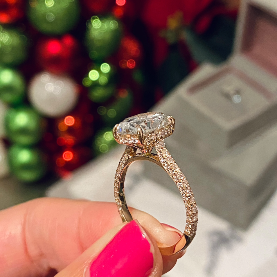 Oval Cut Diamond Engagement Ring with Pave Hidden Halo