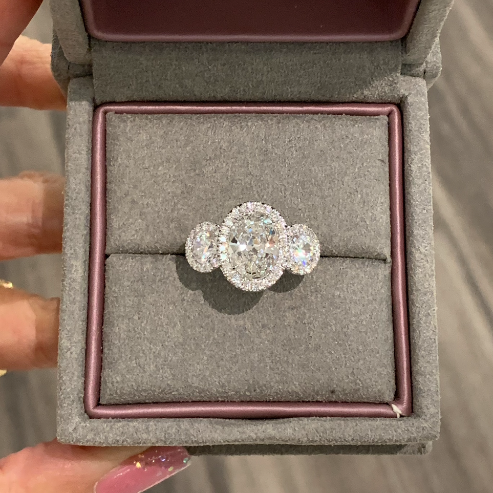 Three Stone Oval Cut Pave Diamond Engagement Ring