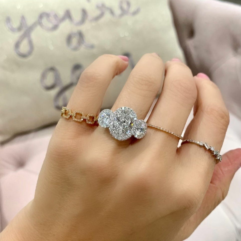 Three Stone Oval Cut Pave Diamond Engagement Ring