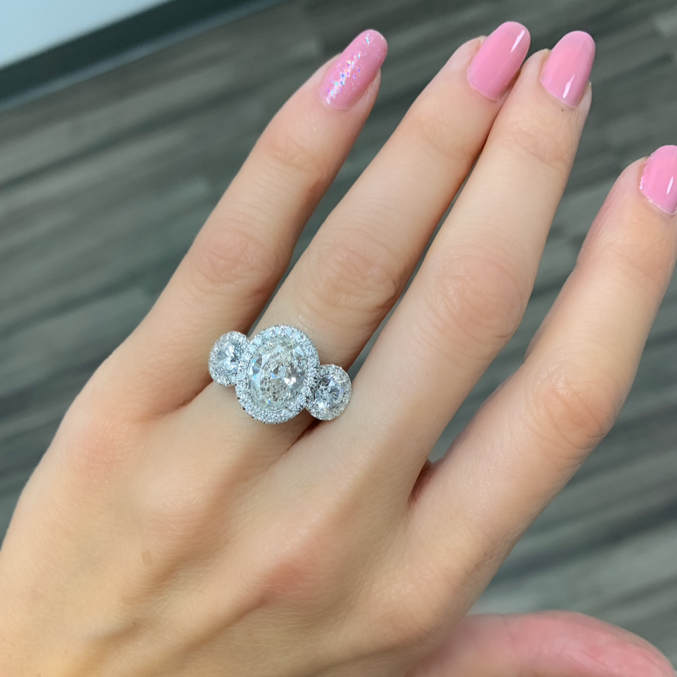 Three Stone Oval Cut Pave Diamond Engagement Ring