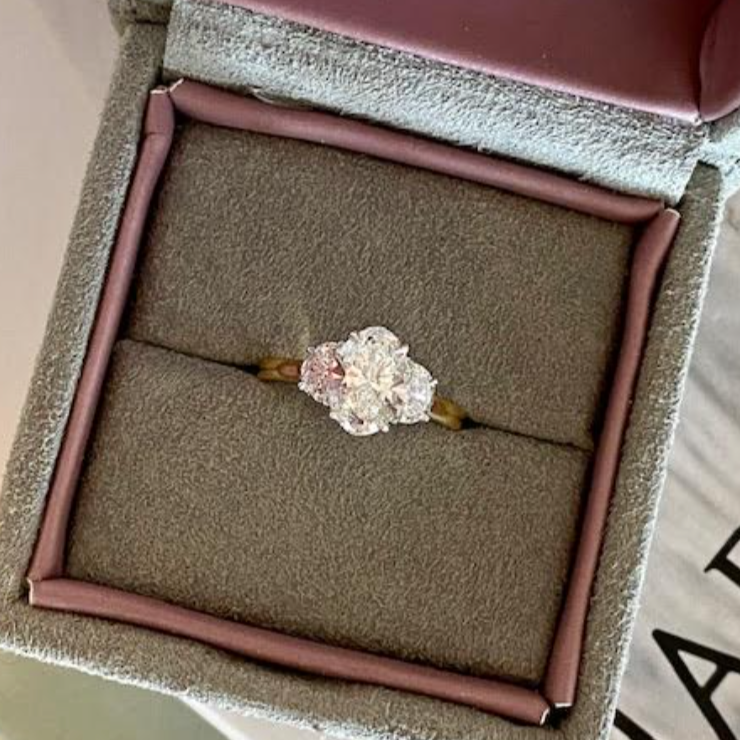 Oval Cut Diamond Three Stone Engagement Ring with Half Moon Sides
