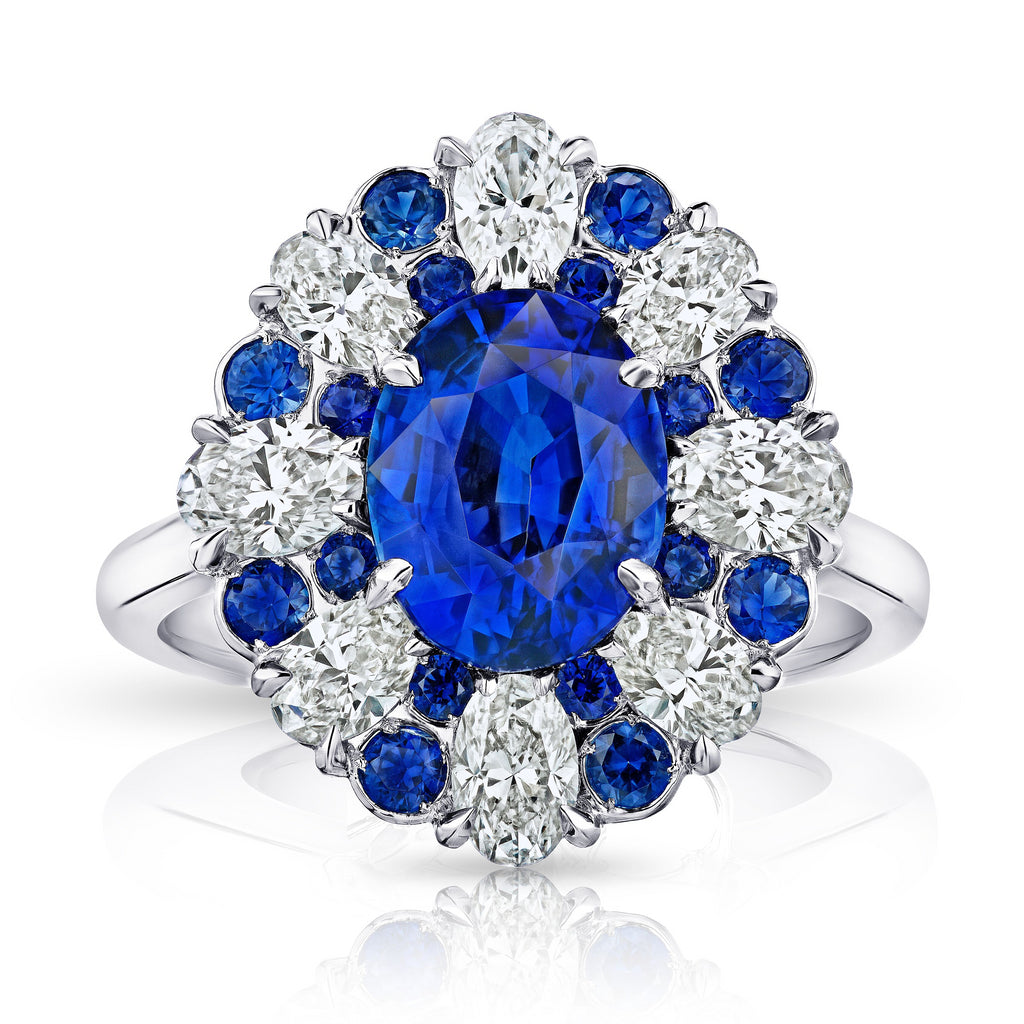 3 Ct. Halo Oval Blue Sapphire Ring with Oval, Round Diamonds