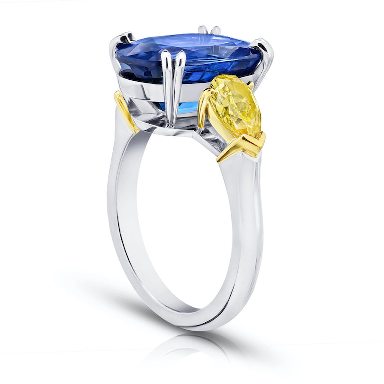 9 Ct. Three Stone Oval Blue Sapphire Ring with Yellow Diamonds