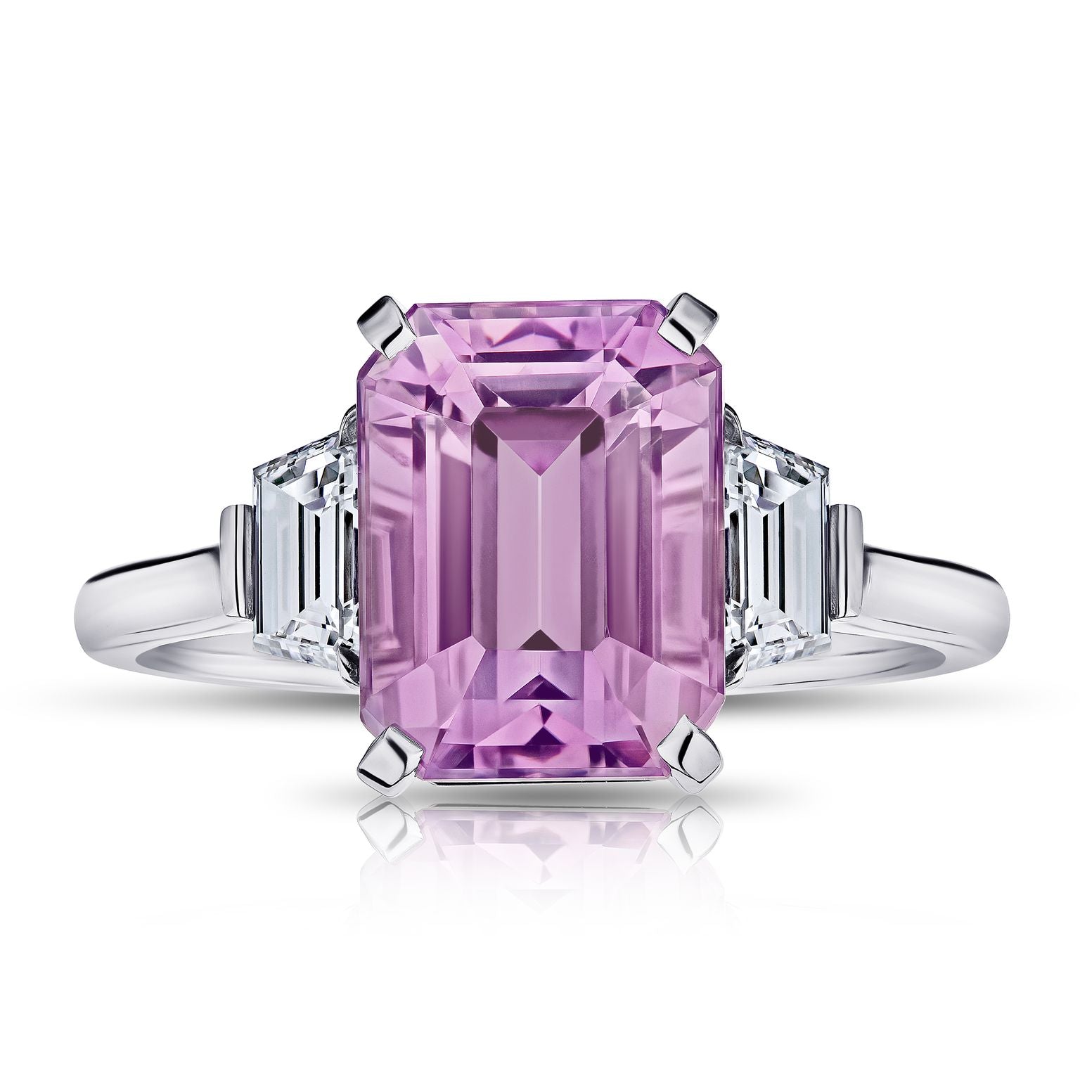 Three Stone Pink Sapphire Ring with Trapezoid Diamonds