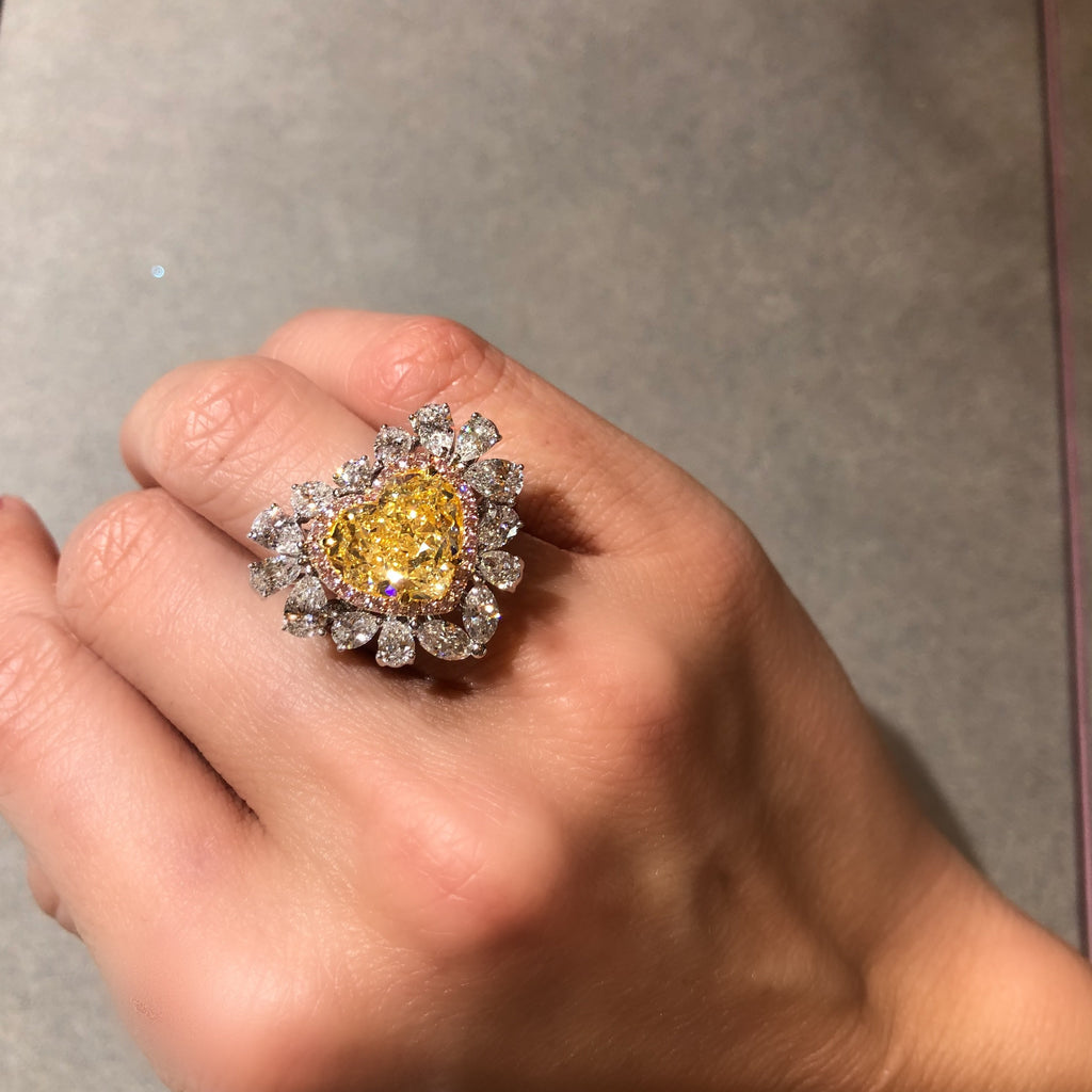 8 Ct. Yellow Pink and White Diamond Heart Ring