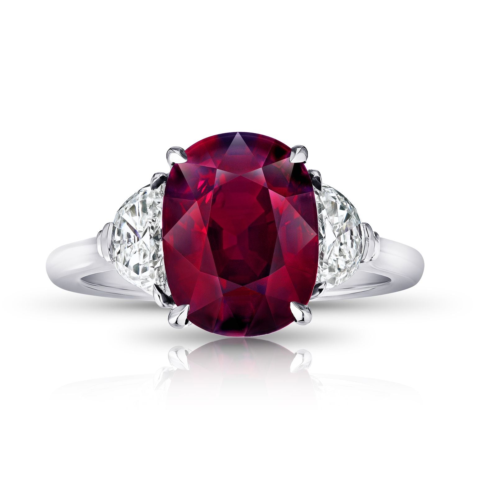Three Stone Ruby, Half Moon Diamond Ring – Miss Diamond Ring