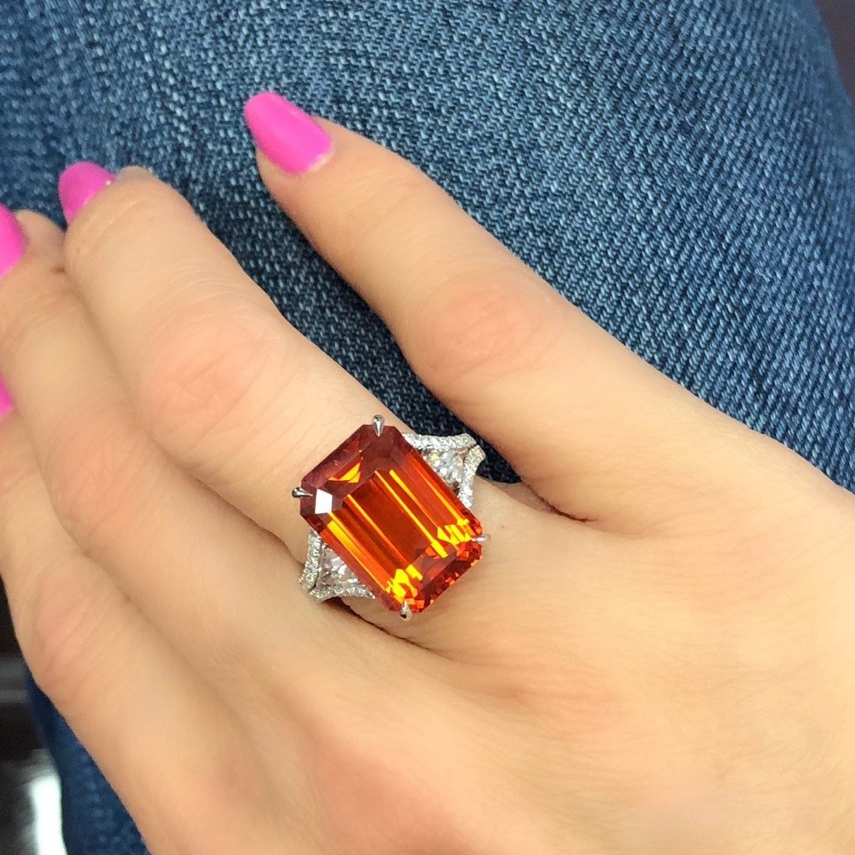 Miss Diamond Ring emerald orange sapphire with shield diamonds