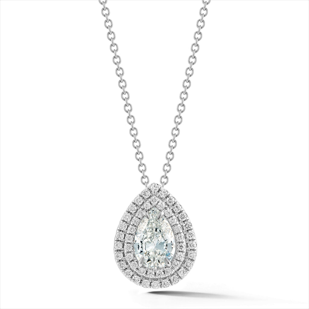 Miss Diamond Ring white gold pave halo pear pendant necklace