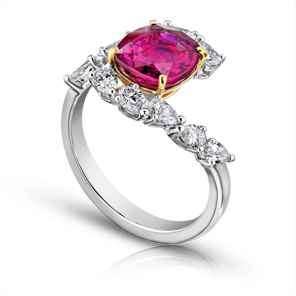 3 Ct. Cushion Red Ruby Ring with Pear Diamonds