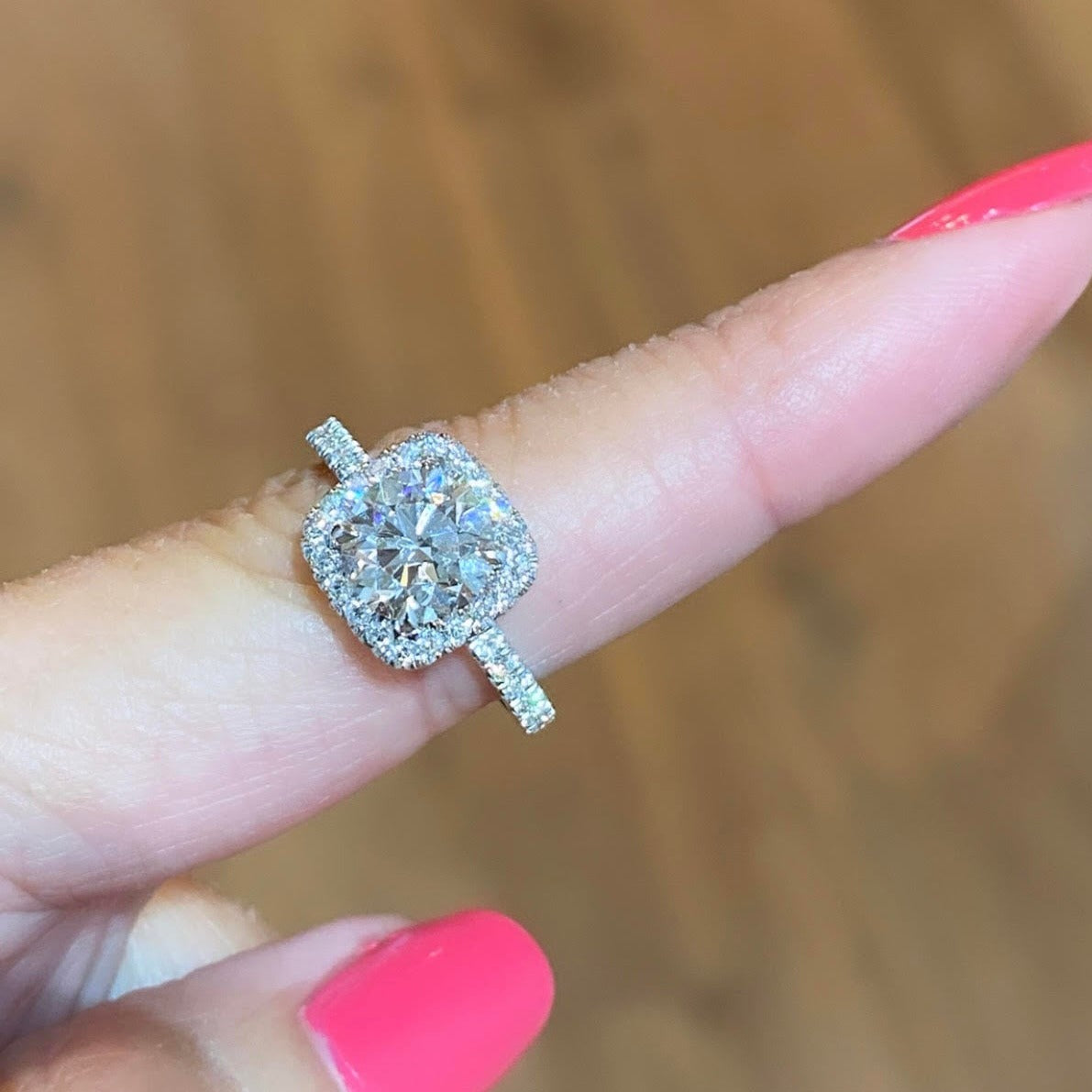 Round Brilliant Cut Diamond Engagement Ring Cushion Halo Pave Diamond Band