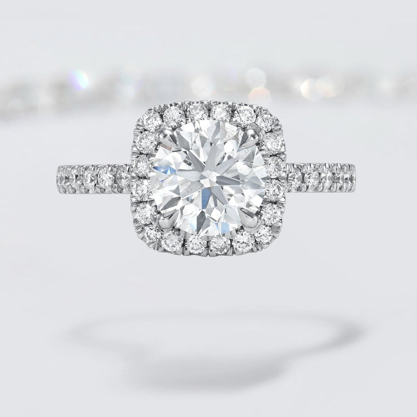 Round Brilliant Cut Diamond Engagement Ring Cushion Halo Pave Diamond Band