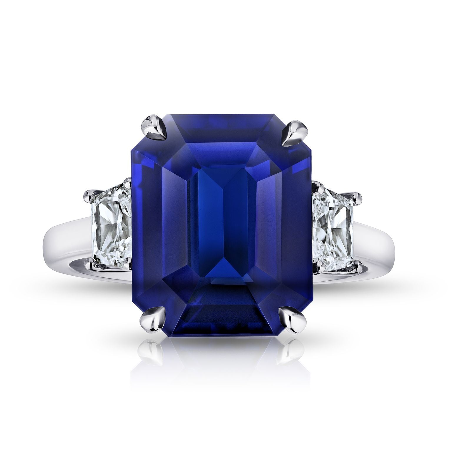 Three Stone Blue Sapphire Ring with Tapered, Radiant