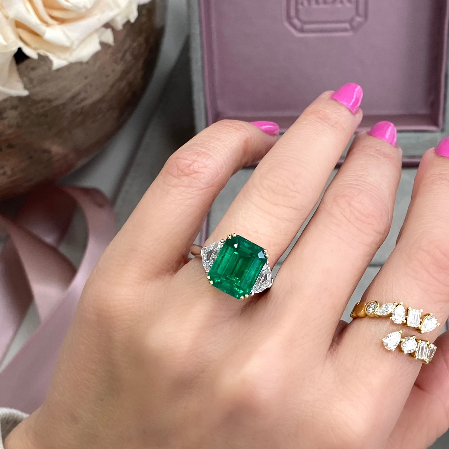 6.7 Carat Emerald Cut Emerald Diamond Ring