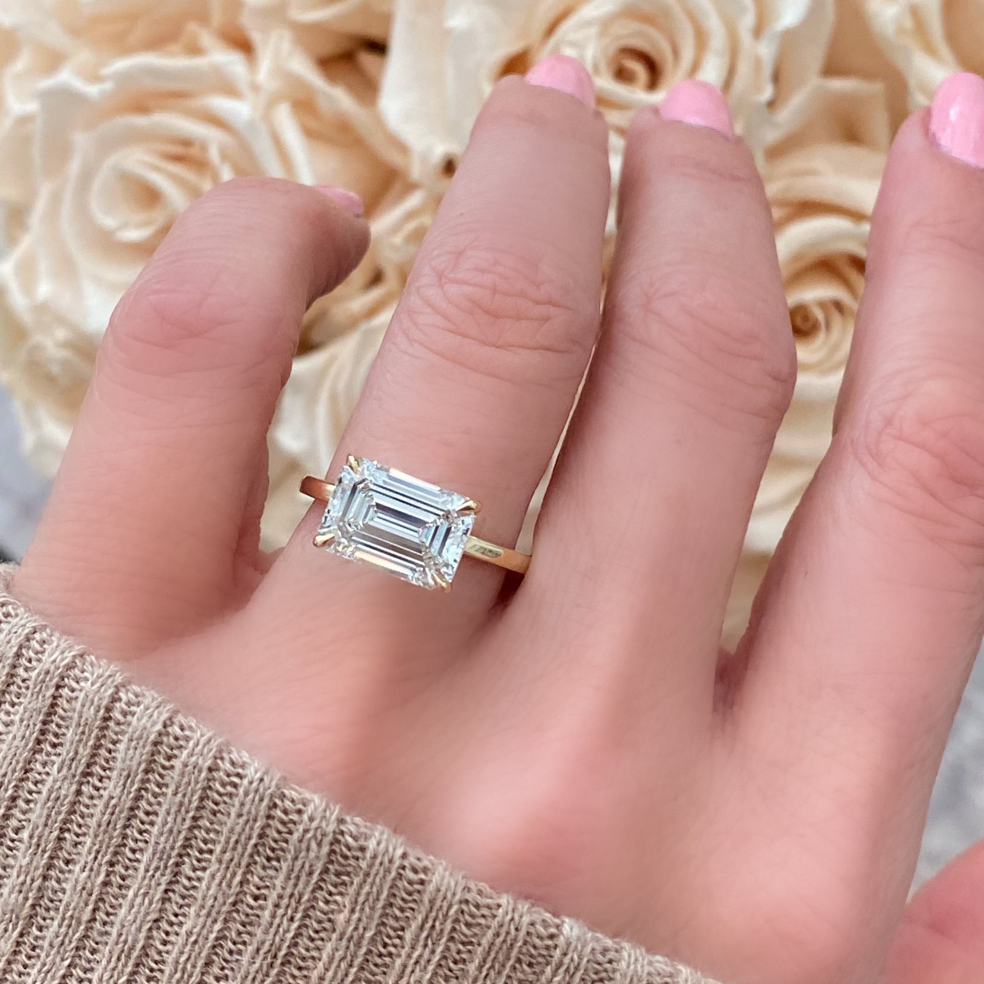 East West Emerald Cut Diamond Solitaire – Miss Diamond Ring