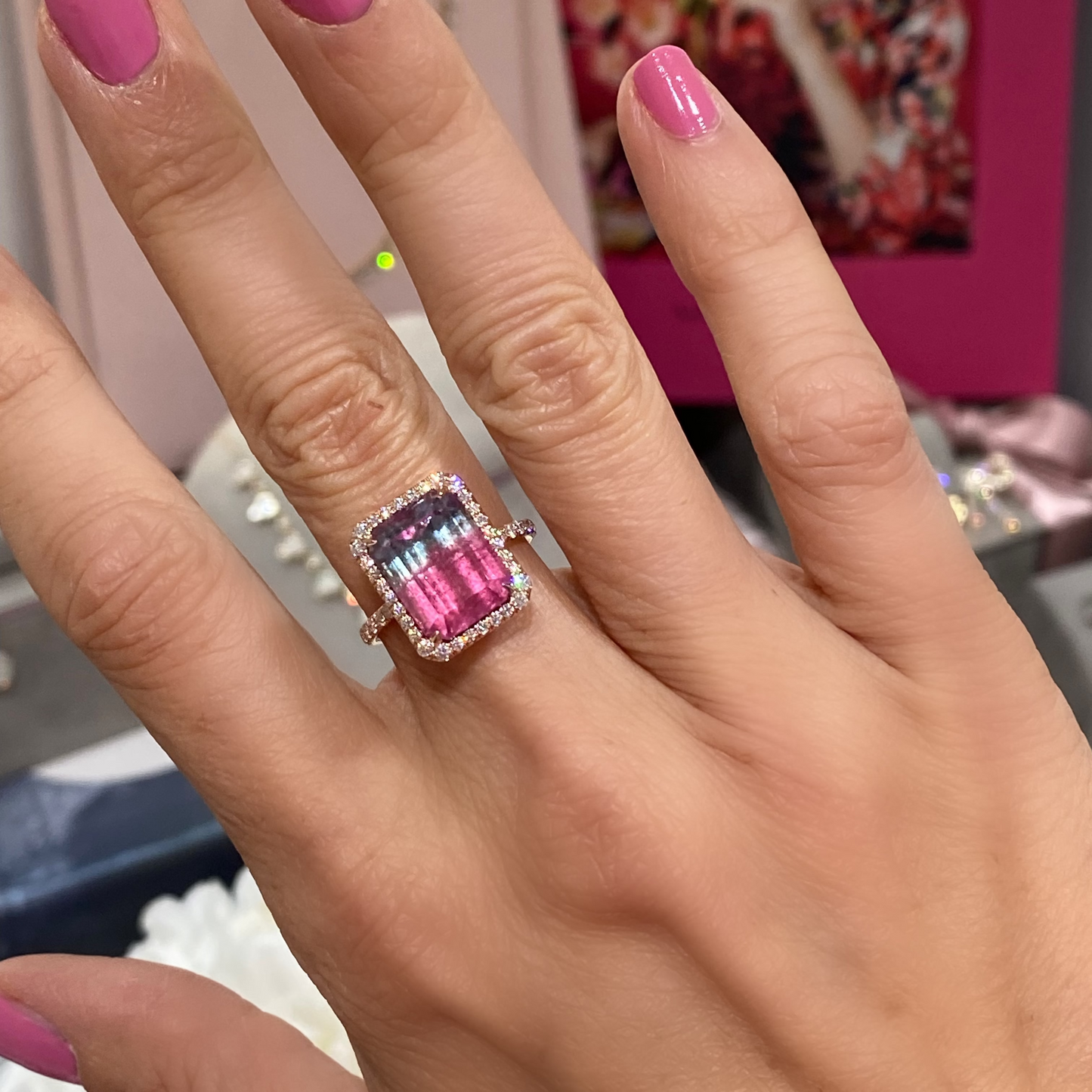6.8 Carat Rainbow Brite Tourmaline Diamond Unicorn Ring