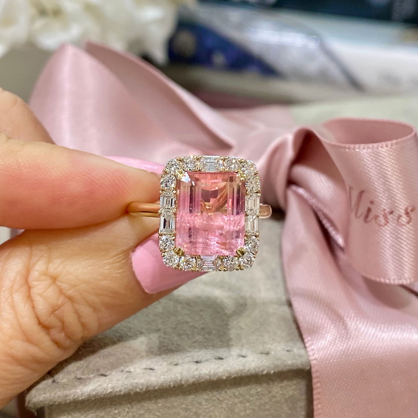 4.3 Carat Peaches and Cream Pink Yellow Tourmaline Diamond Unicorn Ring