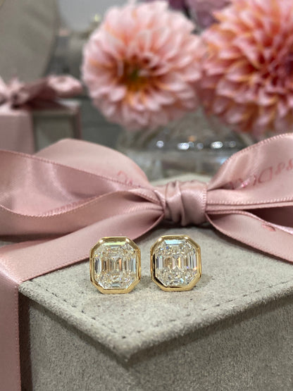 Bezel Antique Square Emerald Diamond Stud Earrings