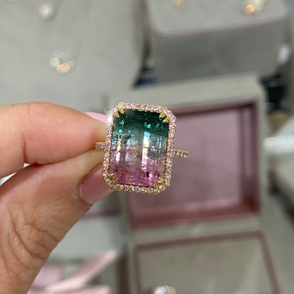 6.5 Carat Emerald Sunrise Tourmaline Pink Diamond Unicorn Ring